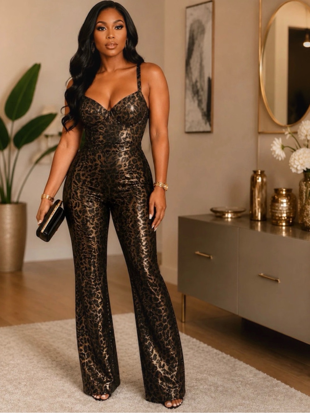 Derek Heart Metallic Leopard Jumpsuit - Black & Bronze
